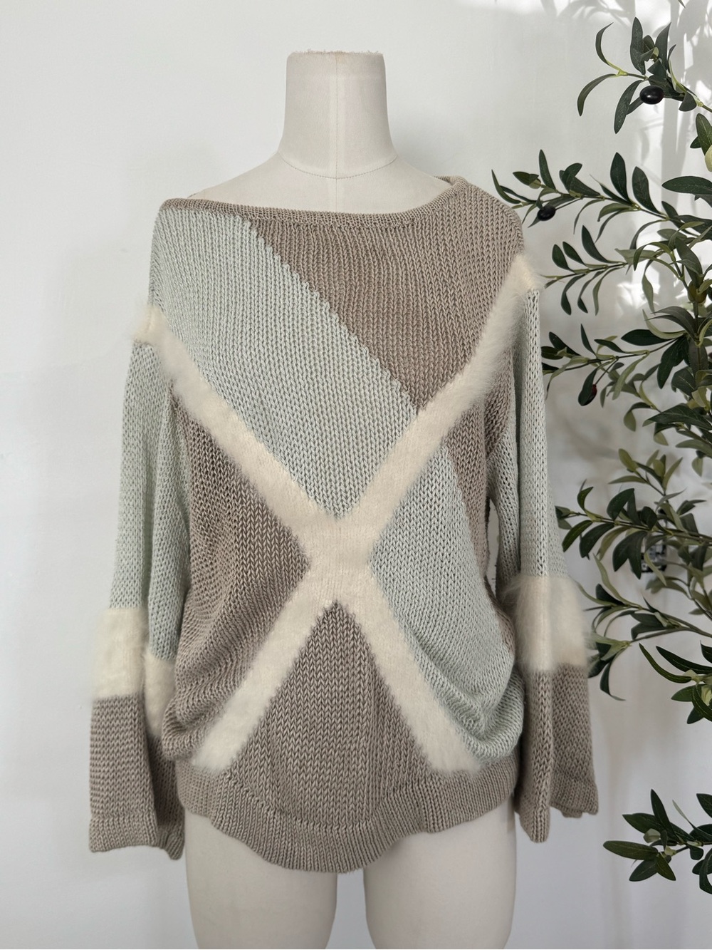 Vintage Color Block Fuzzy Trim Knitβ Sweater | Oversized Boat Neck Pullover